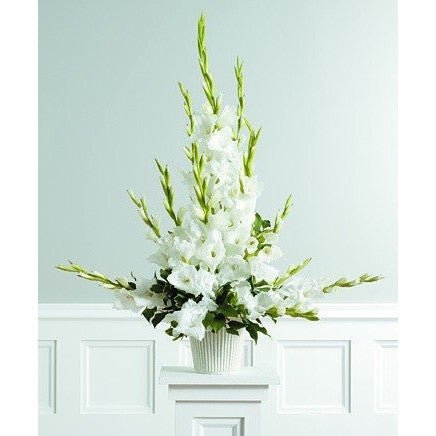 White Gladioli Sympathy Basket Spray - Flowers by Pouparina