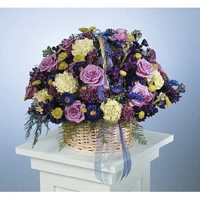 Lavander Roses, Purple and White Carnations in Wicker Basket with Ribbon Sympathy Basket - Flowers by Pouparina