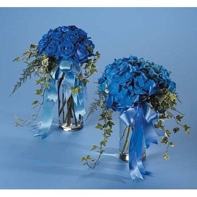 Blue Hydrangea and Blue Roses with Ivy and Ribbon - Flowers by Pouparina