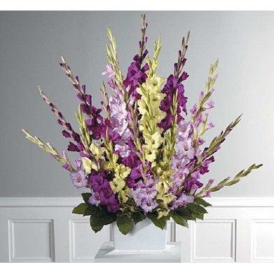Purple, Lavander and Green Gladiolus Sympathy Basket Spray - Flowers by Pouparina