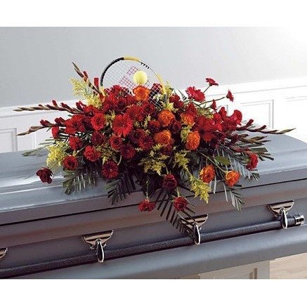 Tennis Player Custome Motive Sympathy Casket Spray with Red and Orange Flowers - Flowers by Pouparina