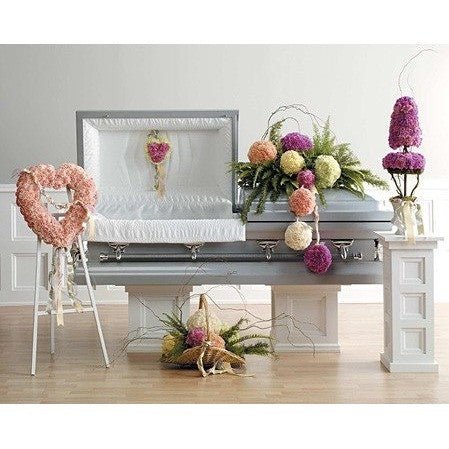 Pastel Standing Spray and Funeral Flowers Package with Hanging Carnation Balls - Flowers by Pouparina