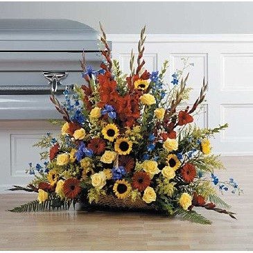 Colorful Basket, Red Gladioli, Sunflowers, Gerberas and Roses Sympathy Basket - Flowers by Pouparina