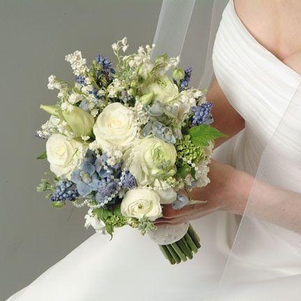Wedding White Bouquet with Blue and Pearl Accents - flowersbypouparina.com